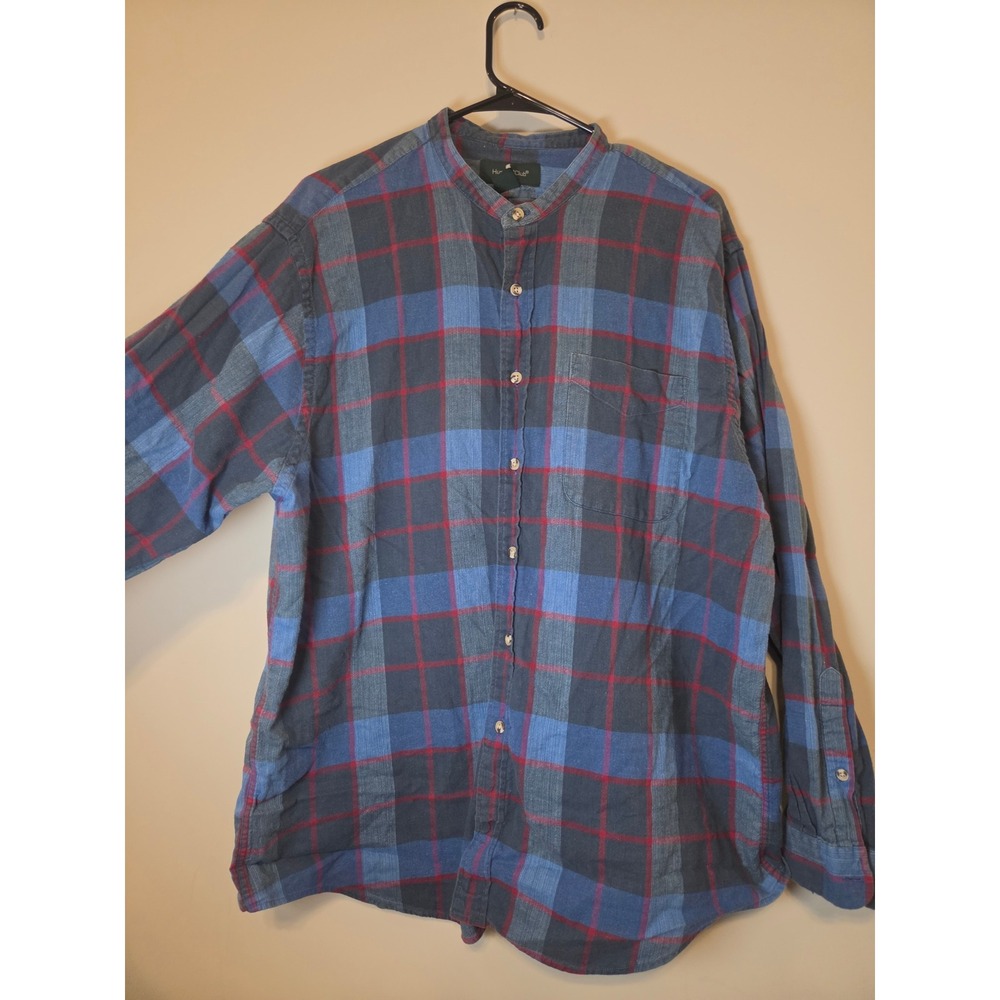 Hunt Club Mens XL Blue Plaid Banded Grandad Collar Flannel Cotton Button Shirt